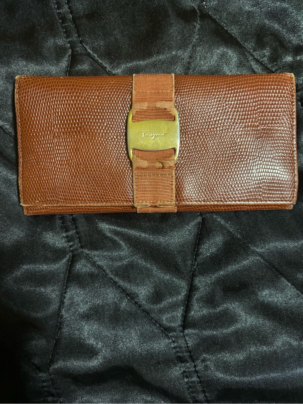 Salvatore Ferragamo Brown Lizard-Texture Leather Wallet Clutch with Gold Buckle - Picture 2 of 11